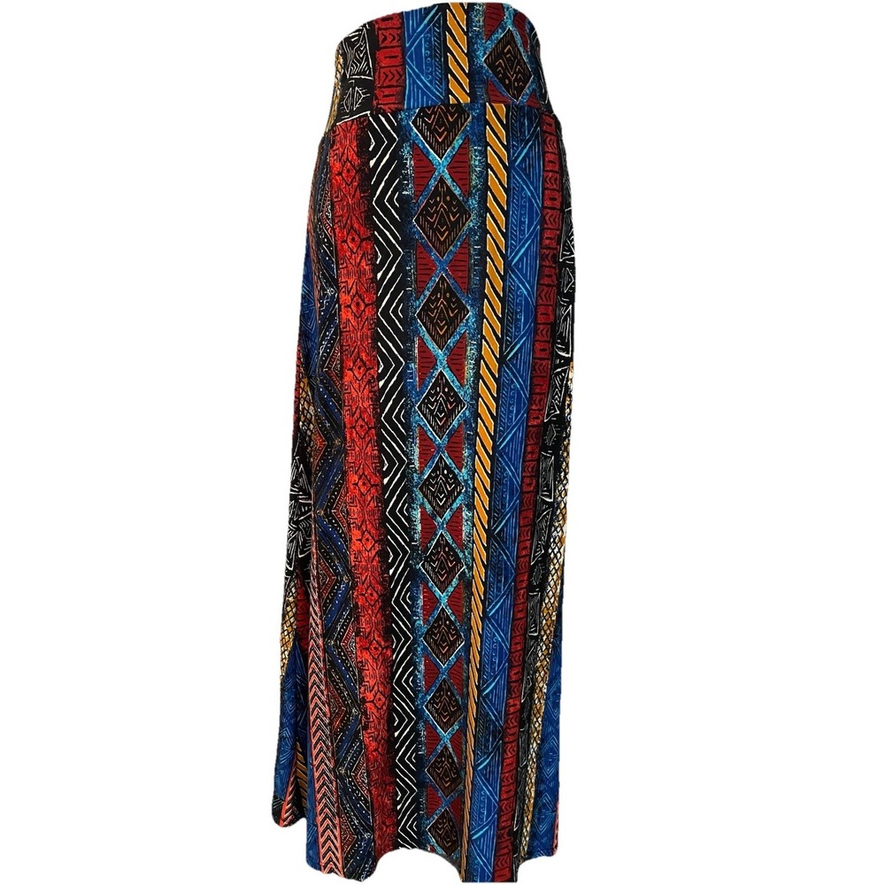 Hot Kiss Colorful Striped Maxi Skirt L/XL Red Blue Pull On Stretch Festival Boho